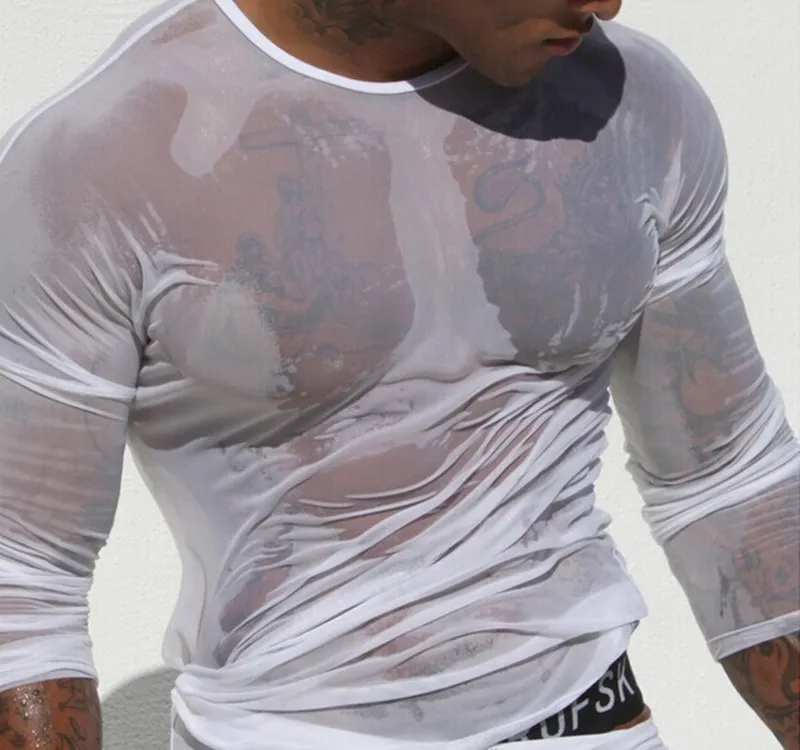 Sexy Mesh ultra-thin White Black Undershirt Tops men's long Sleeve O-Neck T-shirt Transparent See Through Underwear clothes