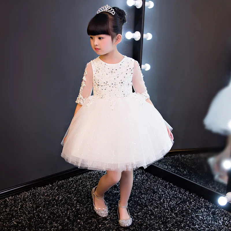 Elegancki Kwiat Dziewczyna Biała Koronkowa Suknia Ślubna Cekiny Aplikacje Party Tulle Princess Birthday Dress Half Sleeve First Communion Suknia