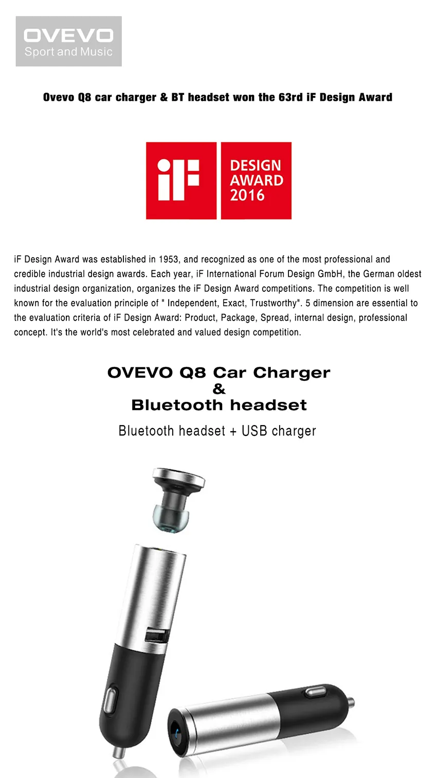 OVEVO Q8 Bluetooth Earphone Car Charger Led Display Bluetooth Headset and Car Phone Charger 2 in 1 Auto Charging Stereo Headset for Phone