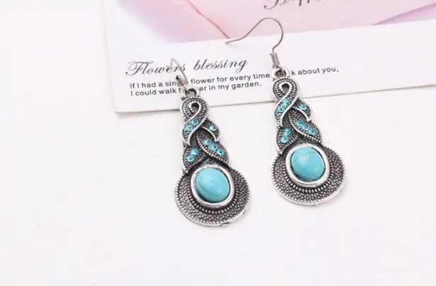 Boucles d'oreilles ensemble de bijoux bohème motif rétro bijoux en cristal bleu collier turquoise boucles d'oreilles ensemble de bijoux femme shipong gratuit whoelsale