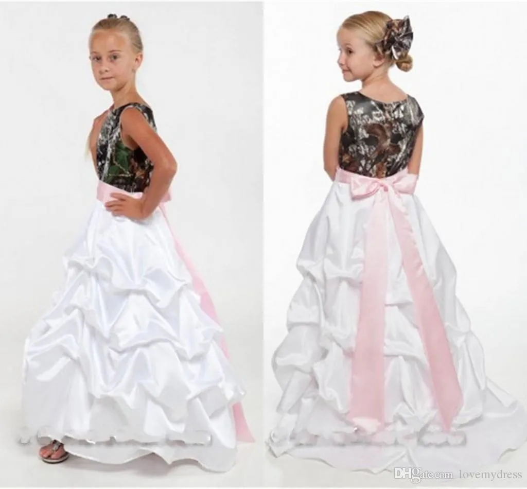 Abito per bambini Abito da sposa per bambine Fiori Abiti per ragazze Camo Pick Up Lunghezza del pavimento Una linea Gioiello Collo senza maniche Personalizza Prezzo economico