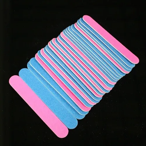 Partihandel-100/240 Grit Sanding Nail File 1.3x6cm 100pcs Rosa / Blå Två färger Rak Edge Stick Nail Art Salon Glitter Tools