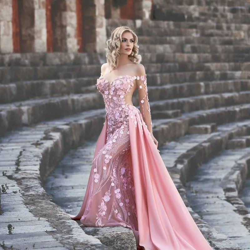 Verbluffende overskirt avondjurken zeemeermin van de schouder formele jurk met lange mouwen 3D Appliqued Tule kralen plus size prom -jurken