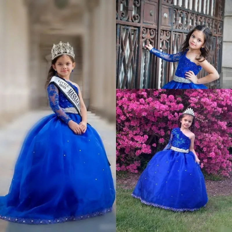 Royal Blue Girls Pageant Jurken Taille Beaded One Schouder Kant Applicaties Bloem Meisjes Jurken Lange Mouwen Kids Prom Jurk Verjaardagstoga