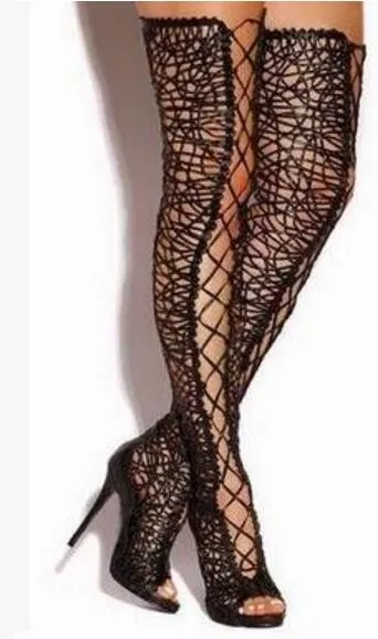 2017 donne sopra il ginocchio alti stivali estivi gladiatore tacco sottile stivaletti di pizzo nero stivali alti alti stivali peep toe scarpe eleganti