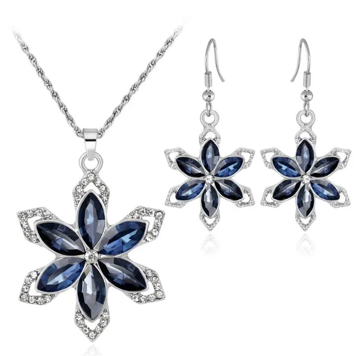 Sapphire Blue Crystal Flower Hanger Kettingen Oorbellen Bruid Crystal Eardrop Ketting Sieraden Set Zilveren Bruidsmeisje Bruiloft Sieraden