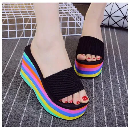 HOT! Rocket Dog Rainbow 10 cm Thick Bottom Sponge female beach slippers shoe pinches summer antiskid wedge sandals