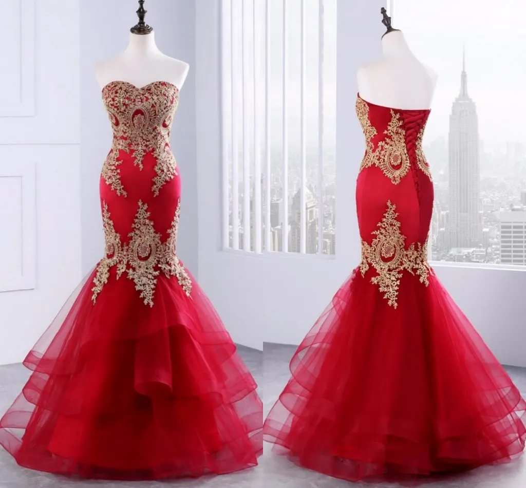 Red and gold mermaid prom dress discount