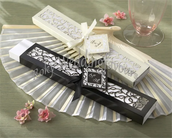 !Wedding Favors Bamboo Silk Fans with Laser Cut Gift Box white/Black Silk Fan Wedding Decoration Party Supplie Shower