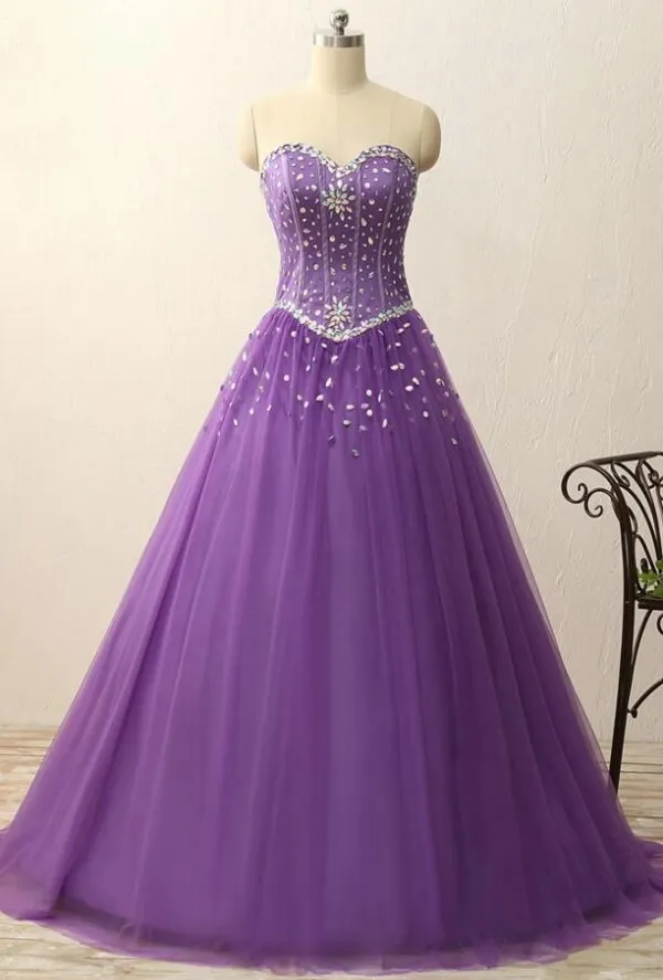 Barato Quinceanera Vestidos Luz Roxo Uma Linha Sweetheart Sem Mangas Cristais Prom Vestido Vestidos Formal Vestidos Festa Corset Voltar