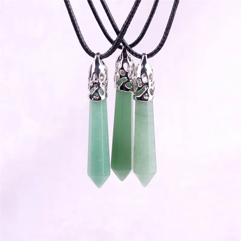 Green Aventurine Jade Pillar Stone Necklace Natural Crystal Hexagonal Gemstone Amazonite Healing Point Prosperity Confidence Witch Necklace