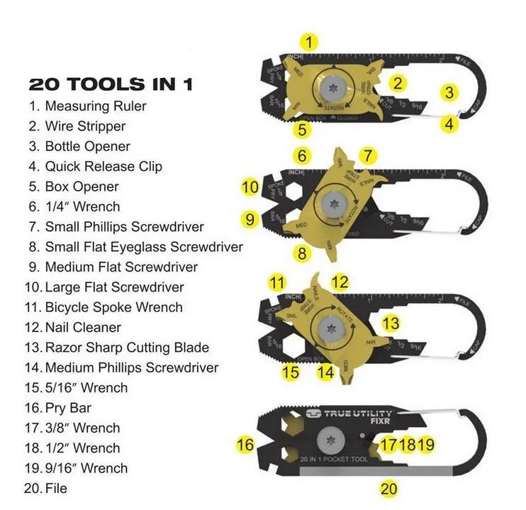 20 in 1 roestvrij staal schroevendraaier sleutel sleutelhanger EDC Pocket Multi Tool Outdoor Gadgets Flesopener Betekenis Liniaal