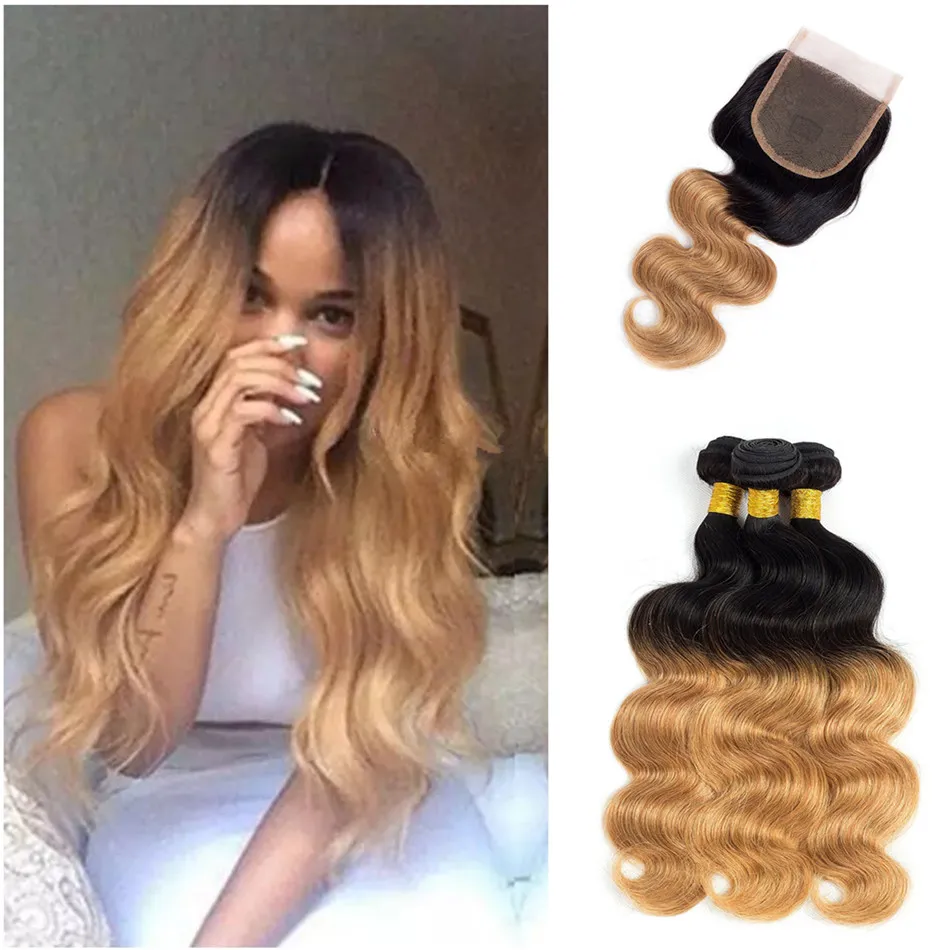 Two Tone 1b 27 Honey Blonde Lace Closure With Bundles Strawberry Blonde Ombre Hair Bundles Brazilian Human Virgin Hair With 4*4 Lace Closure