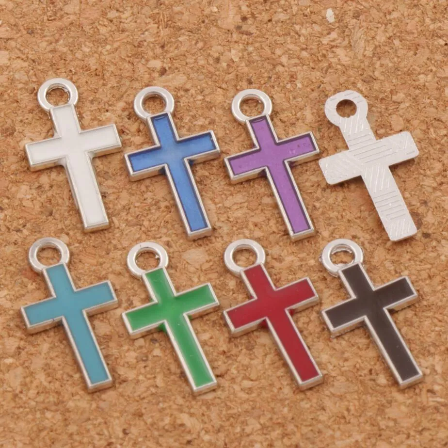 Silver Enamel Cross Alloy Charms 400pcs/lot Pendants 7Colors 8x15mm Fashion Jewelry DIY Fit Bracelets Necklace Earrings L435