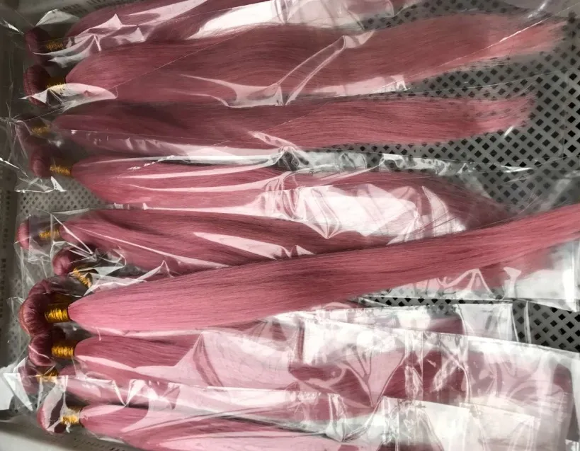 Brasiliansk kroppsvåg Straight Hair Weaves Double Wefts 100g / pc rosa färg kan färgas mänskliga remy hårförlängningar