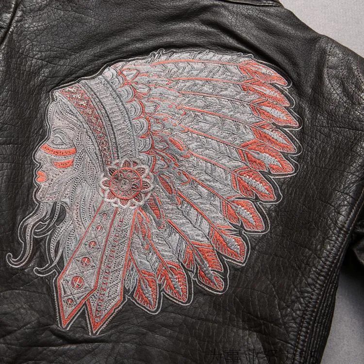 vintage black India head Embroidery Marbobo Classic men genuine leather jackets 100% genuine leather motorcycle jackets