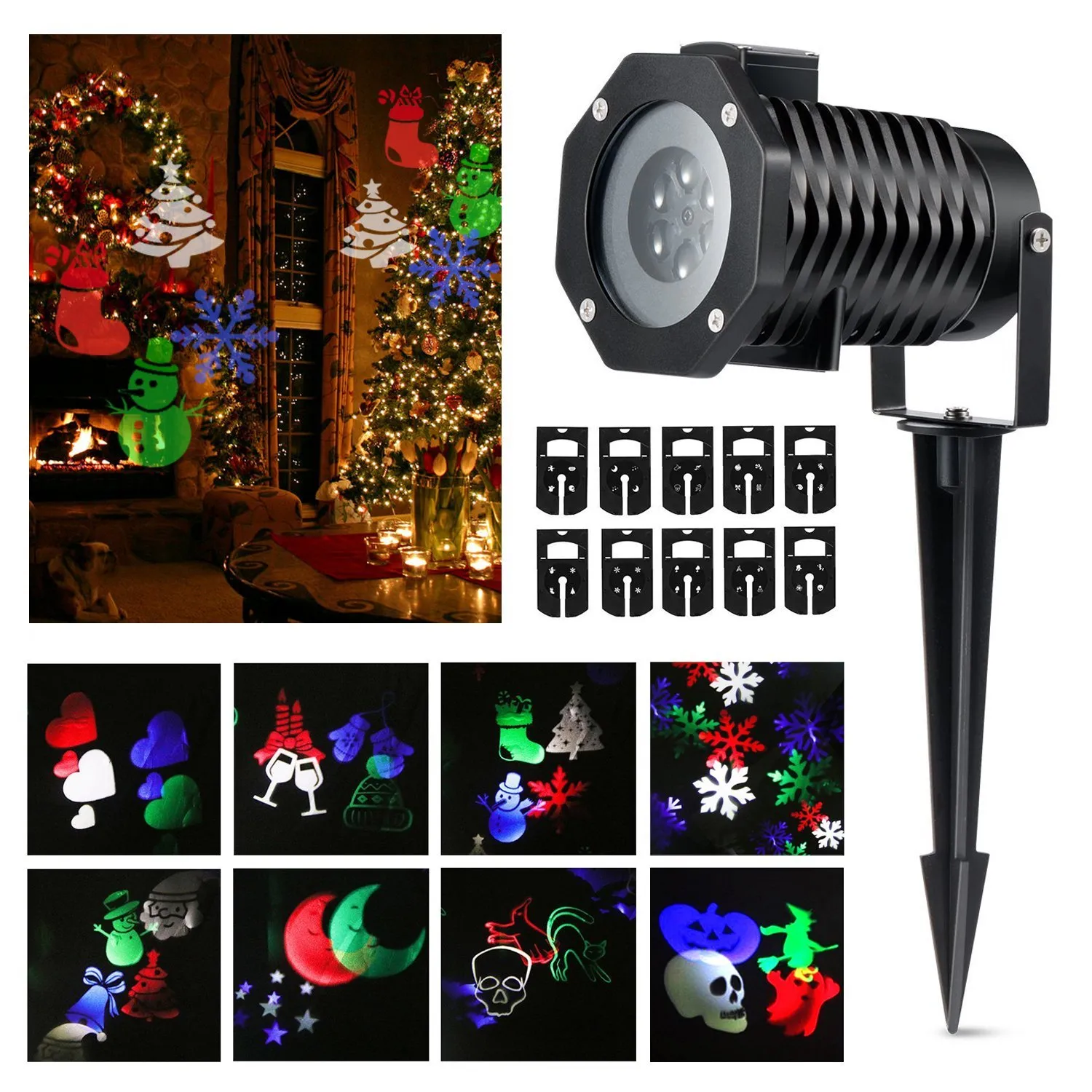 LED Effects Christmas Lights Spotlights Landscape Projector Snowflakes Santa Stars Gifts Pattern Lens Moving Light Show for Xmas