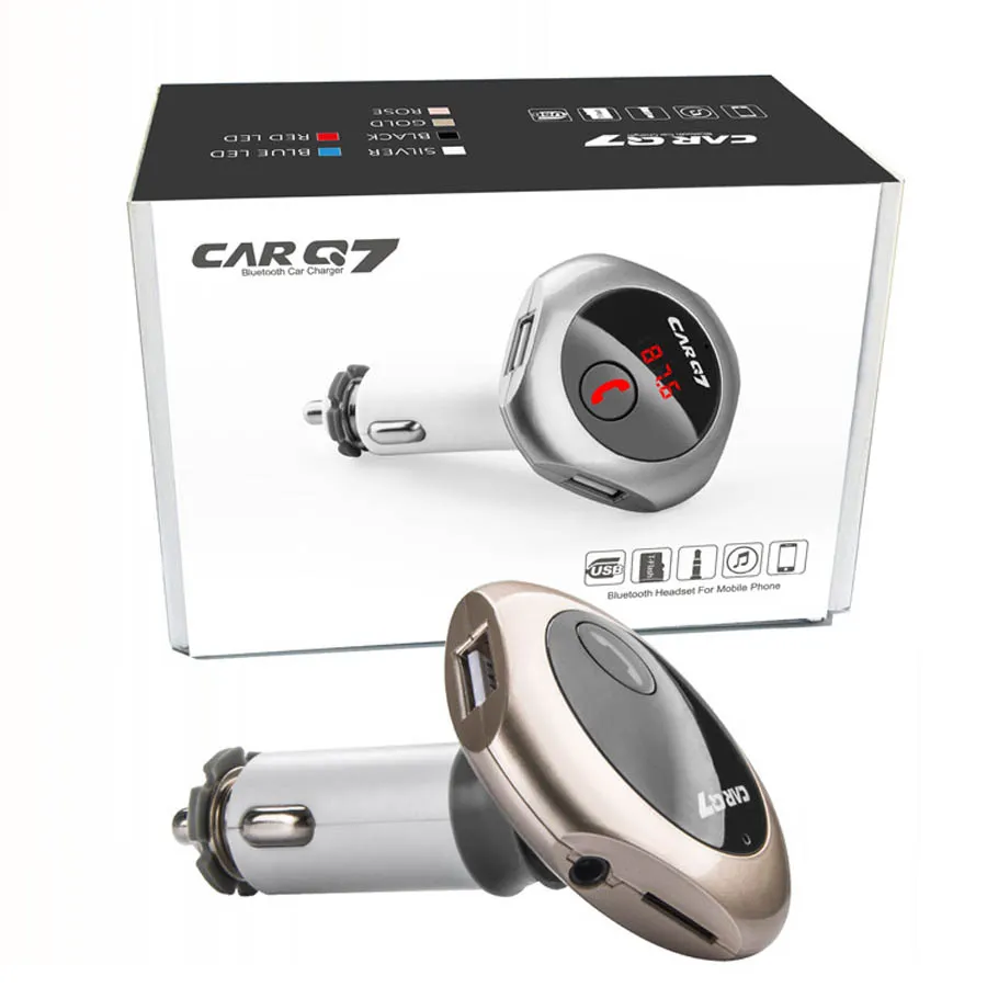 Nieuwe Carkit Q7 Bluetooth FM-zender MP3-speler Dual USB Autolader 361 graden Rotatie Handsfree Telefoon Kits