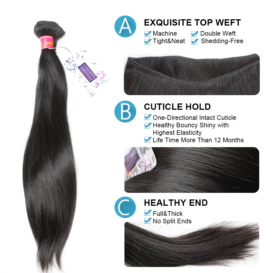 Peruaanse maagdelijke mensenhaaroverslag en sluiting weeft zijdeachtige rechte 3 bundels Remy Hair Extensions Lace Sluitingen 4x4 Bellahair