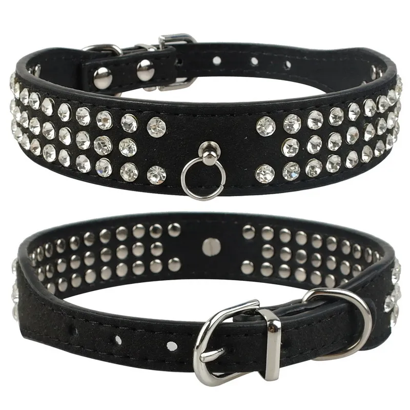 Mixed Brand New suede Leather Dog Collars 3 Rows Rhinestone Dog collar diamond Cute Pet Collars 100% Quality 4 Sizes