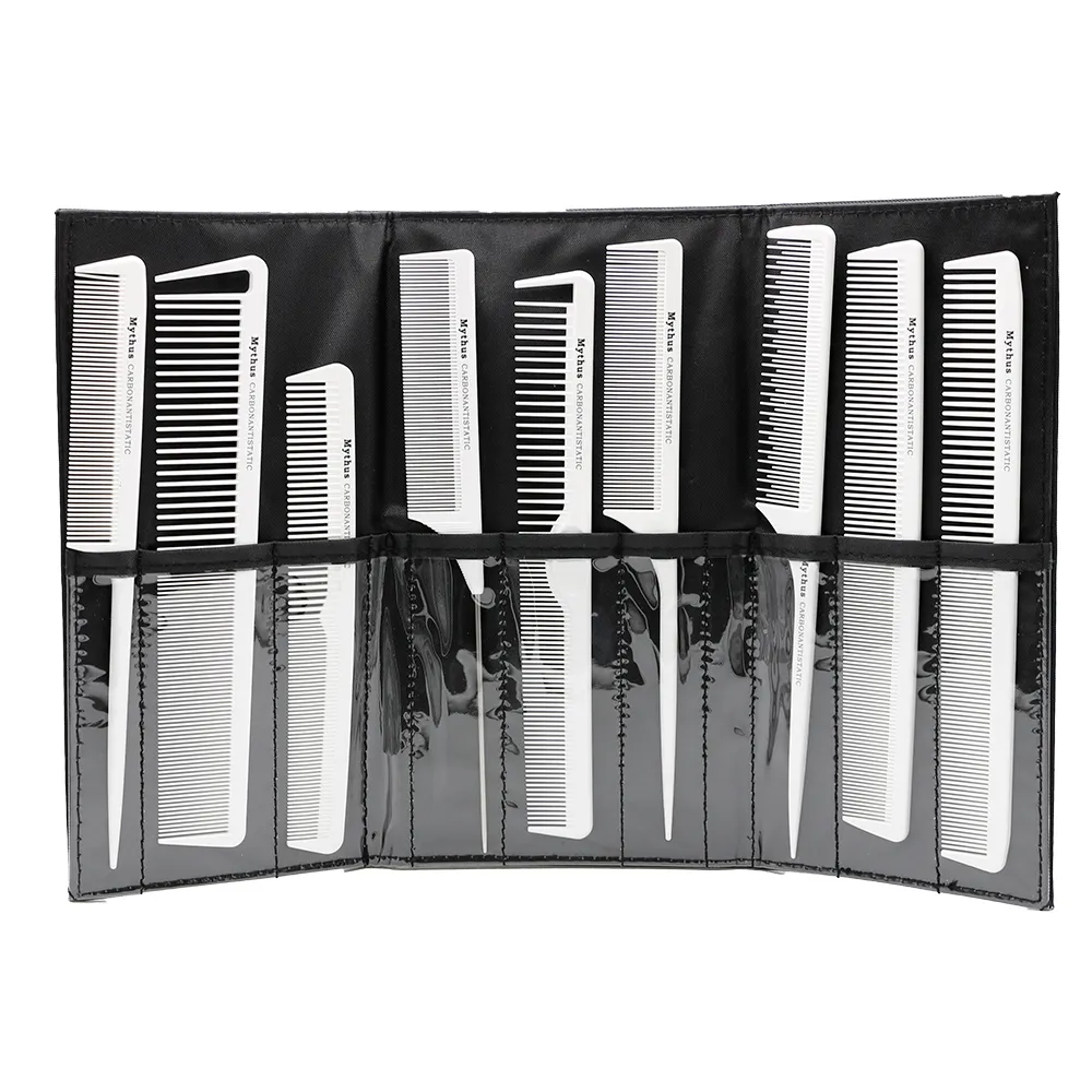 M-09 White Stylish Haircut Comb Heat Resistant Carbon Comb For Barbers 9 Pcs Hair Comb Set With Black Bag