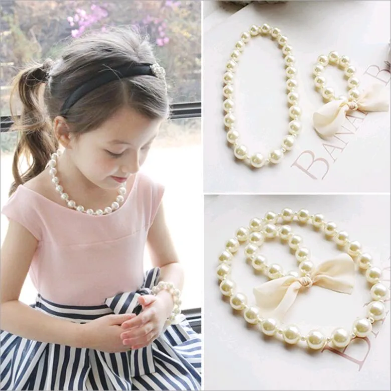 Korean Pearl Necklace Bracelet Set for Kids Baby Girls Exaggerated Big Beads Jewelry Sets White Color Children Gifts Wholesale