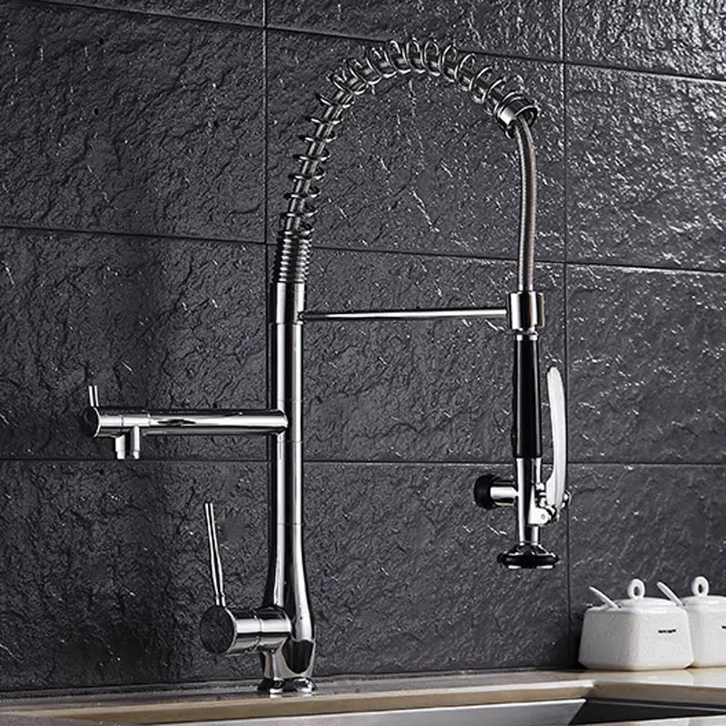 Ny uppgradering! Luxury Commercial Goosenhals Kitchen Sink -kran med utdragning/ ner, bästa kökskran med mässing Chrome HS407