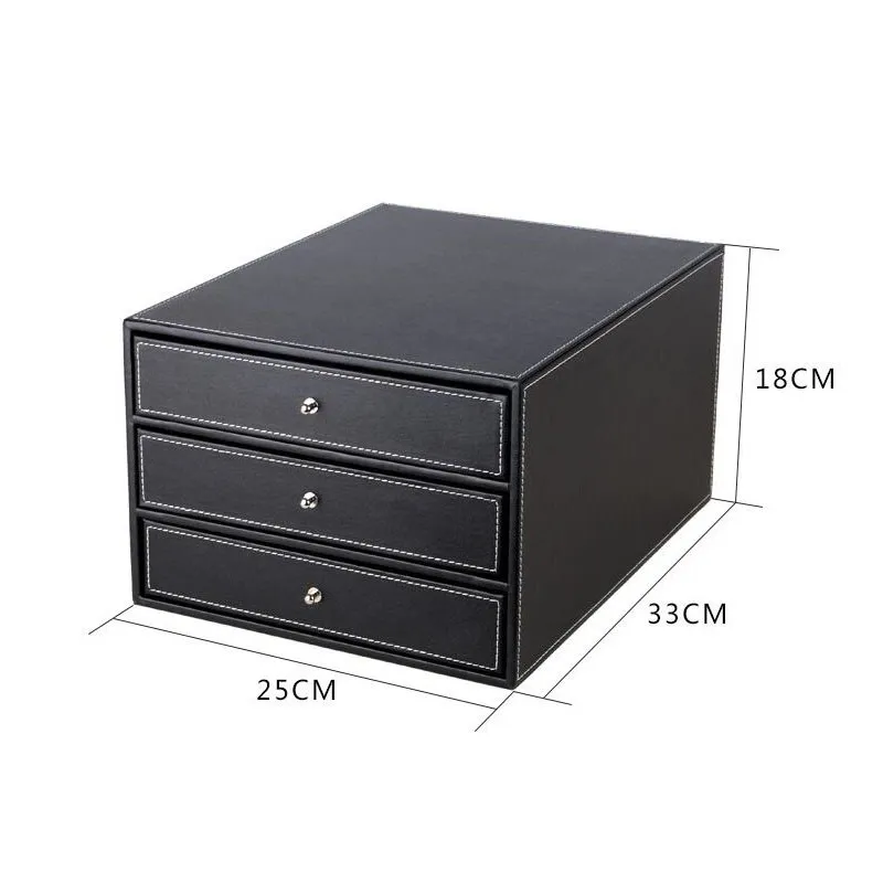 3 Layers Wood Leather Desk Set Filing Cabinet Storage Drawer Box Office Organizer Document Container Holder Black ZA4637255Z