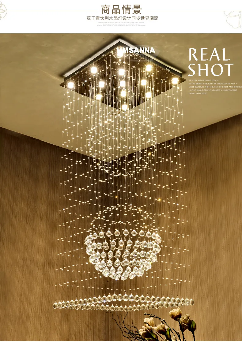 Kvadratisk kristall ljuskronor ledde moderna K9 ljuskrona ljus fixtur hem inomhus belysning hotell hall lobby parlor trappa långa hängande lampor