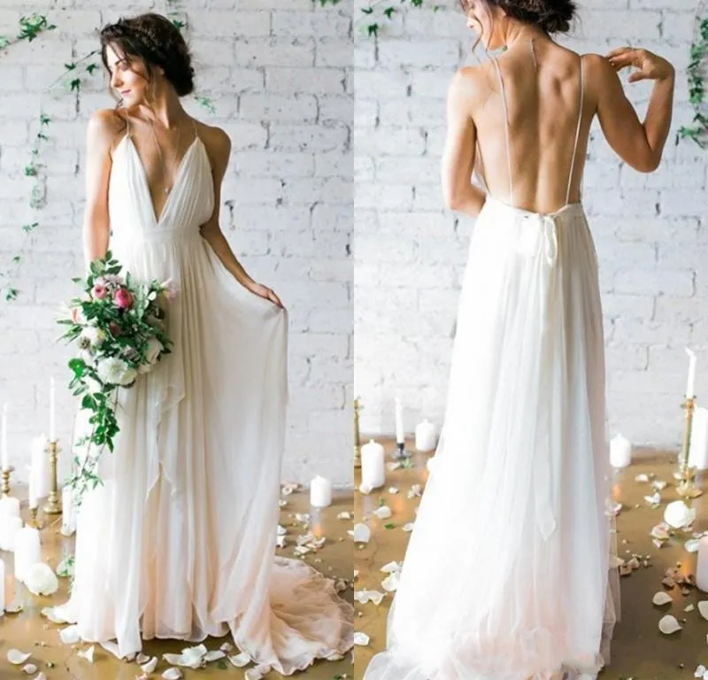 2020 semplice sexy scollo a V cinghie senza spalline guaina abiti da sposa in chiffon senza schienale lunghi abiti da sposa economici abiti da sposa spiaggia estiva