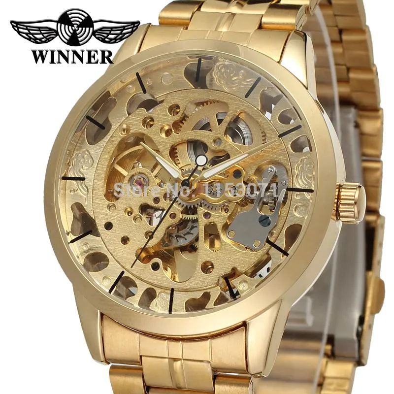 Победитель мужские часы Лучшие бренд роскошный автоматический скелет золотой заводской компании из нержавеющей стали браслет наручные часы