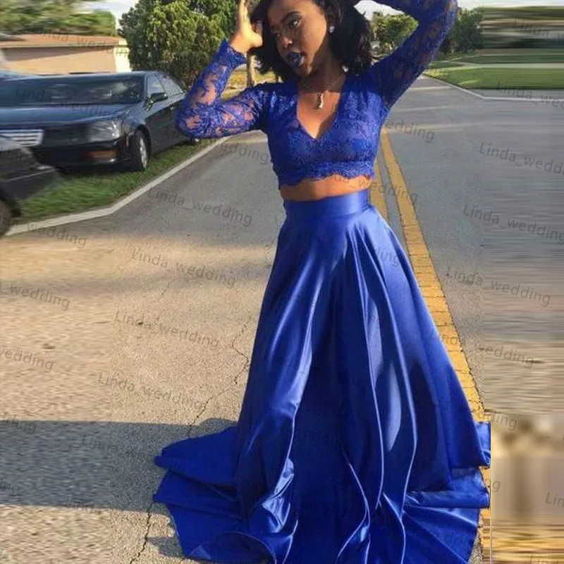 Koningsblauw twee stukken Arabische prom jurk Zuid-Afrikaanse A-lijn V-hals lange afstudeeravond feestjurk plus size op maat gemaakt