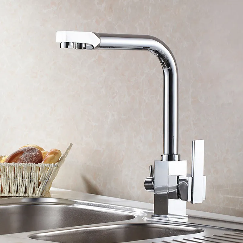 Küchenspüle-Wasserhahn mit reinem Messing, Chrom und Tri-Flow-Spültischmischer, Osmose-Zwei-Wege-Wasserfilter, drehbar, kommerzielle Wasserhähne