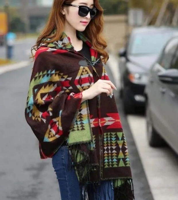 Women National Style Scarves Wrap Oversized Check Shawl Cashmere Scarf Winter Neckerchief Geometry Blankets Fashion 