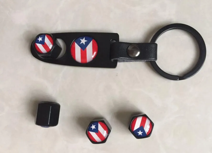 Puerto Rico Flag Leather Buckle keychain& Tire Valve caps Wheel Tyre Valve Stem Air Cap Cover caps air dust cap