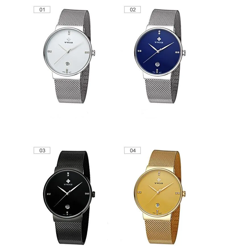 WWOOR 8018 Men's Stainless Steel Mesh Belt Quartz Watch Wholesale Water Table Calendar Simple Men