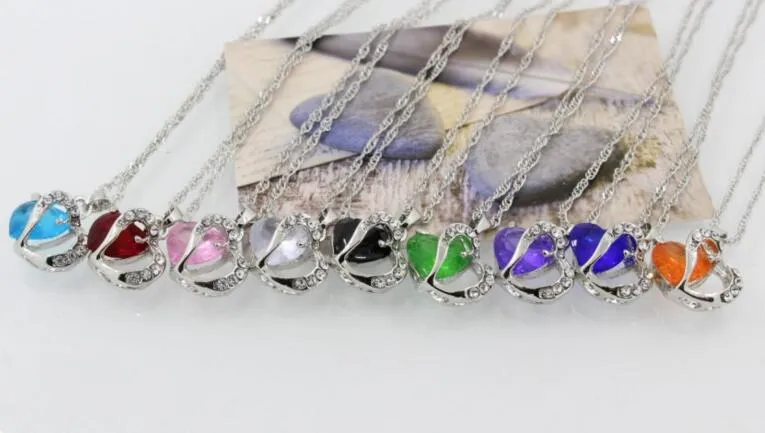 نساء موضة القلب كريستال حجر الراين سلسلة فضية قلادة قلادة مجوهرات 10 لون طول 17.7 