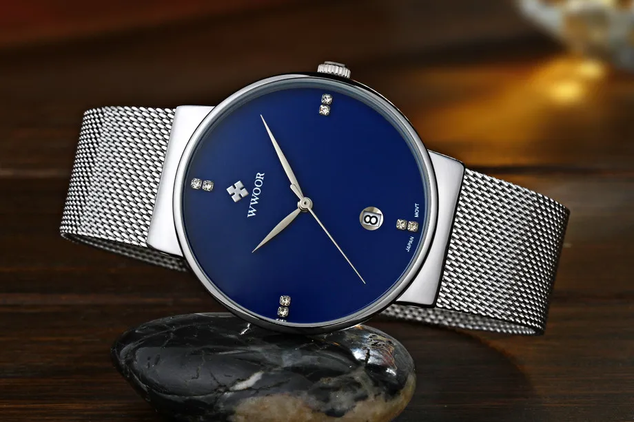 WWOOR Mens Stainless Steel Mesh Band Quartz Watch with Water  display picture 3