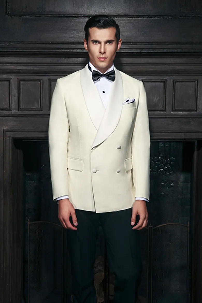 Classic Design Groom Tuxedos Groomsmen Double-Breasted Ivory Shawl Lapel Best Man Suit Wedding Men's Blazer Suits Jacket+Pants+Tie K386