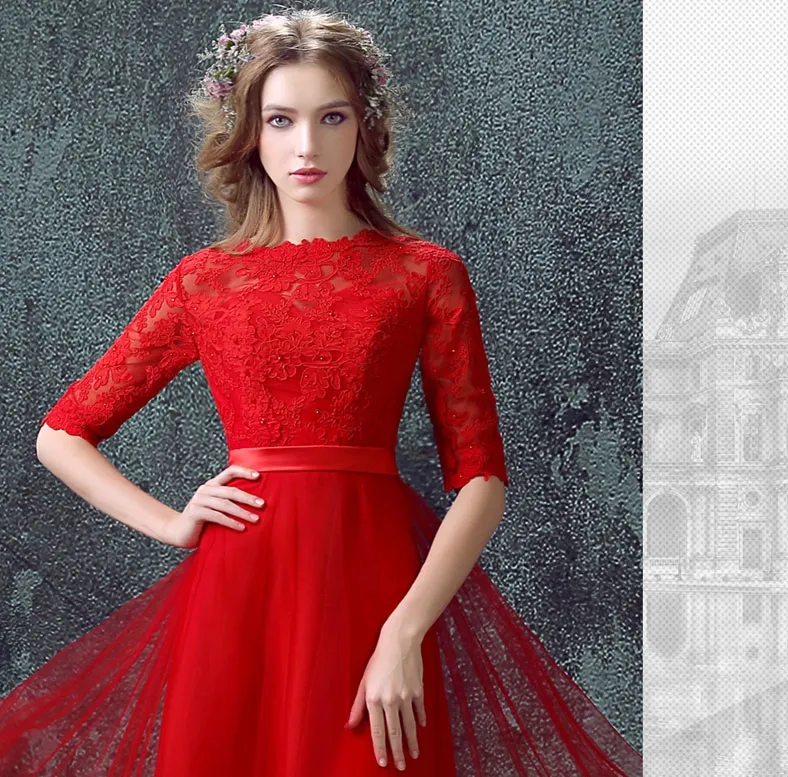 Vermelho longo modesto vestidos de dama de honra com meia mangas lace tulle chão comprimento formal casamento vestidos de festa de templo barato vestido de empregada