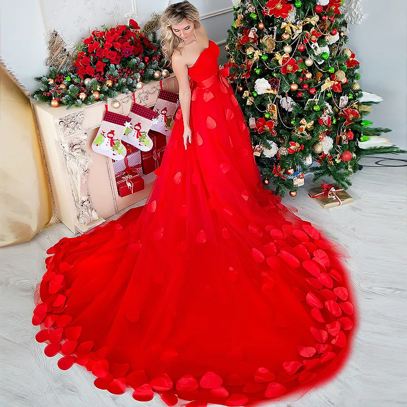 Latest 2017 Christmas Day Red Mother And Daughter Party Dresses With Sweetheart Bow Sash Petals Long Formal Prom Gowns Custom Made EN8258