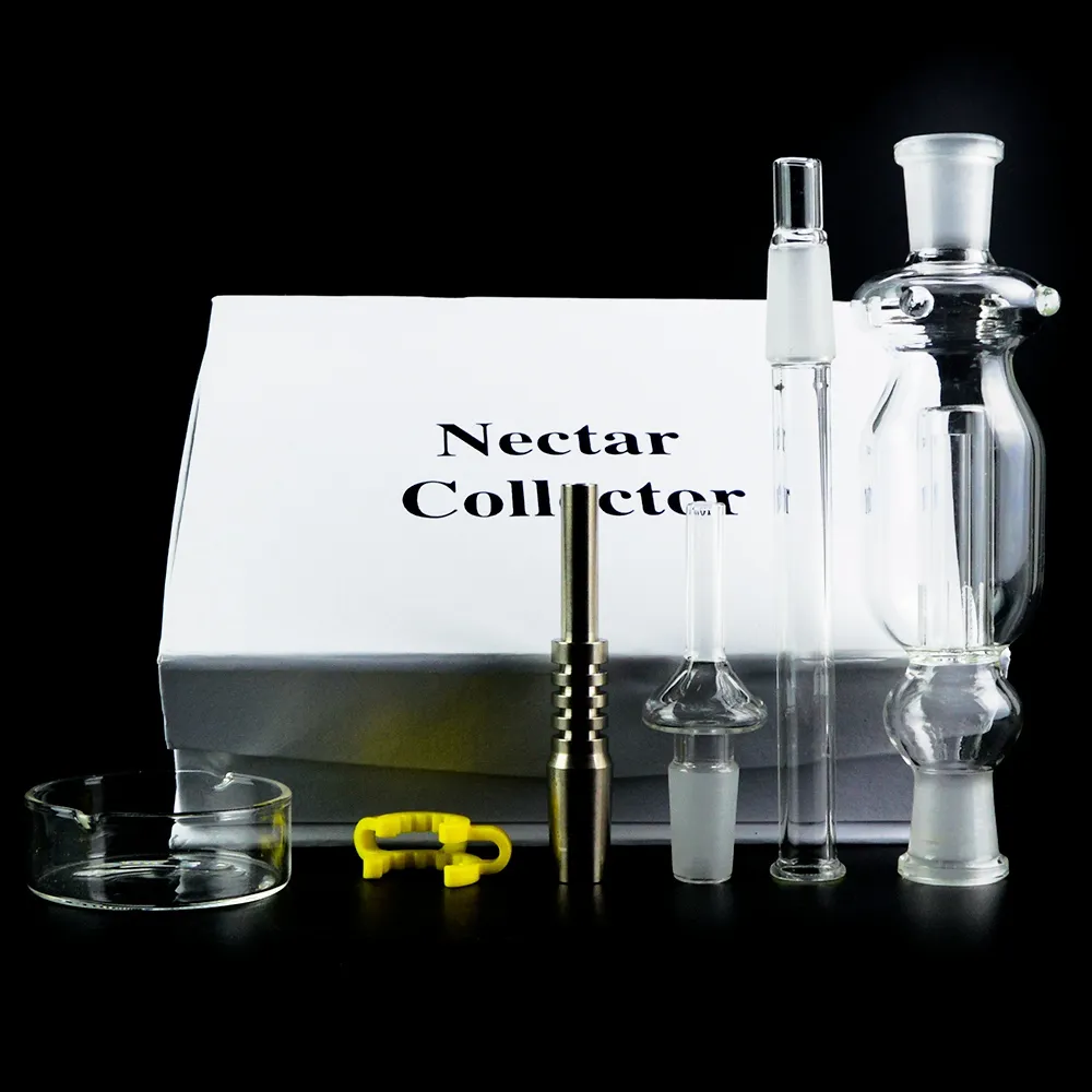 Högkvalitativ 14 mm Joint Mini Nector Collector 2mm tjock svart eller röd eller vit vattenpipa kit glas dab riggar titan nagelvattenrör halm med låda