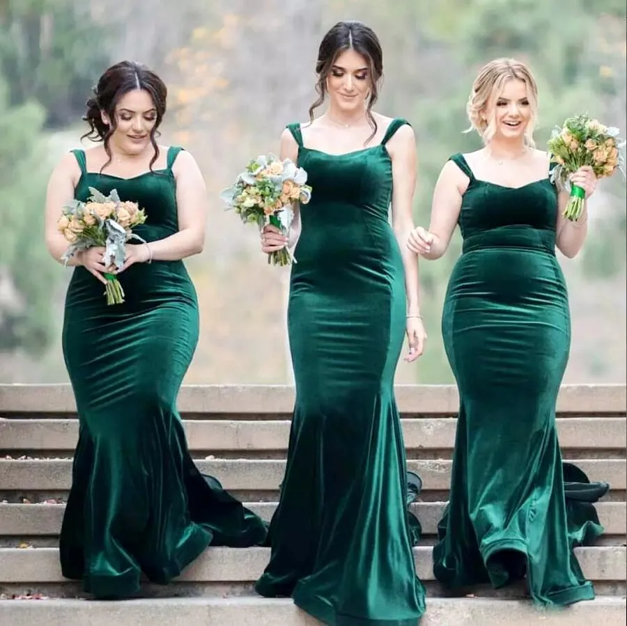 어두운 녹색 벨벳 신부 들러리 드레스 우아한 아가씨 루칭 민소매 인어 웨딩 파티 드레스 2017 명예 공식 드레스의 2017 하녀