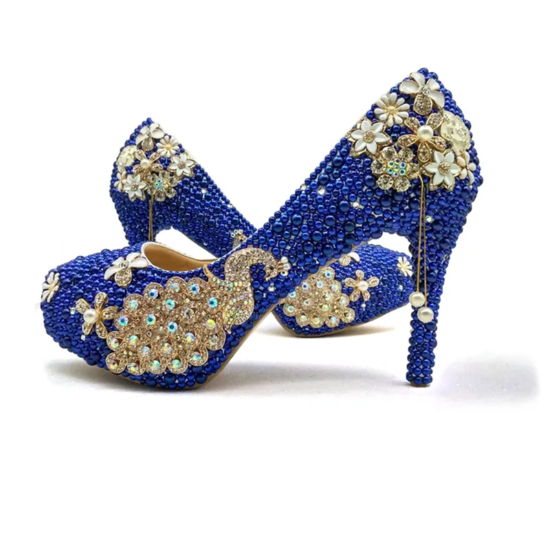Royal Blue Pearl Bridal Shoes con bolsa a juego Magnífico diseño de pavo real estilo de rhinestone zapatos de fiesta de boda con embrague