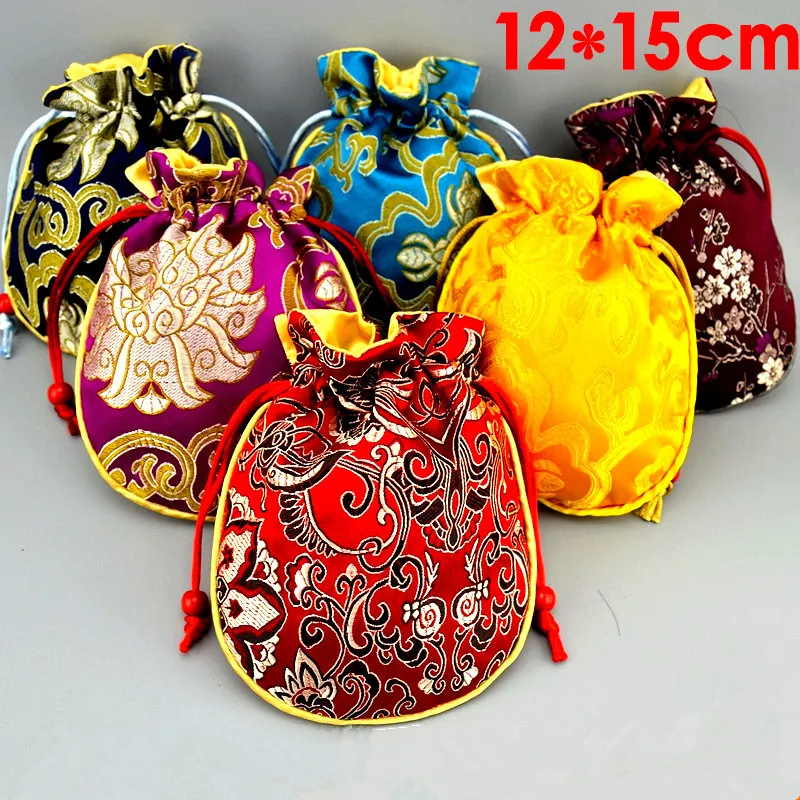 Petit sac en tissu épais rempli de coton, brocart de soie chinoise, sac de rangement de bijoux de voyage, pochette d'emballage cadeau de bibelot artisanal à cordon de serrage 2 pièces/lot