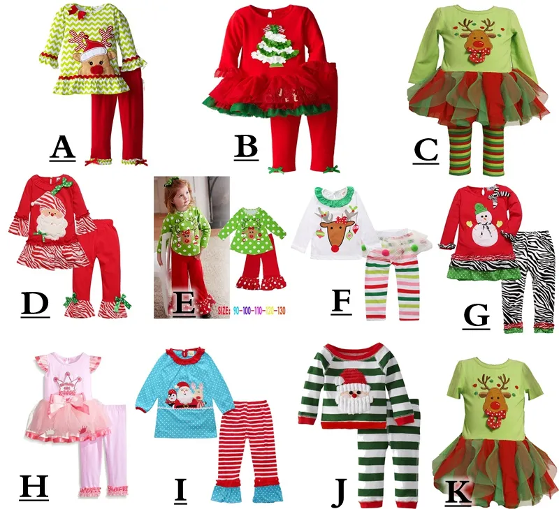 2017 Infantil Xmas Elk Outfit meninas de Natal árvore desenhos animados t-shirt + plissado calças 2 pcs conjuntos crianças bolinhas tops 14color escolher grátis