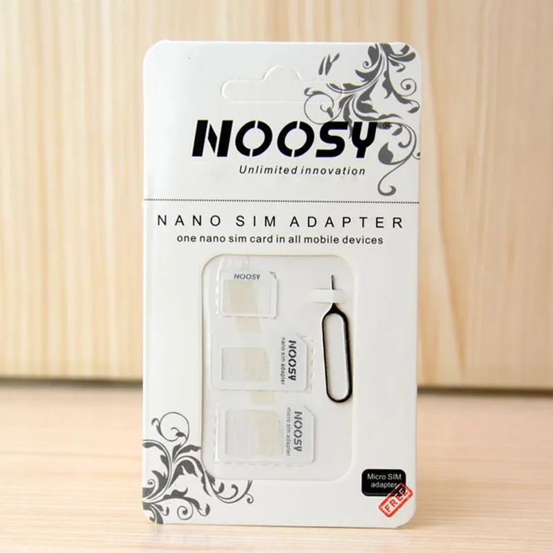 4 في 1 Noosy Nano Micro SIM Adapter إخراج دبوس بطاقة SIM صندوق البيع بالتجزئة للهاتف الذكي العالمي DHL شحن مجاني