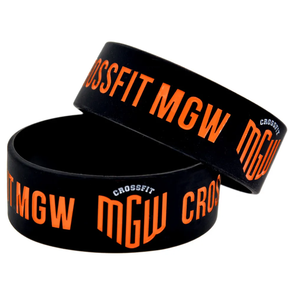 50 Stück CrossFit MGW Silikonkautschuk-Armband, 2,5 cm breit, mit Tinte gefülltes Logo für Sport-Werbegeschenk