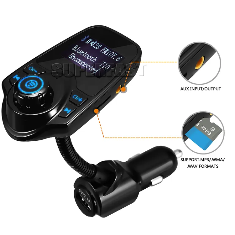 T10 Wireless Car MP3 Bluetooth Car Players LCD Audio Stereo USB Car Charger FM Transmitter Support TF Card with Retail Package