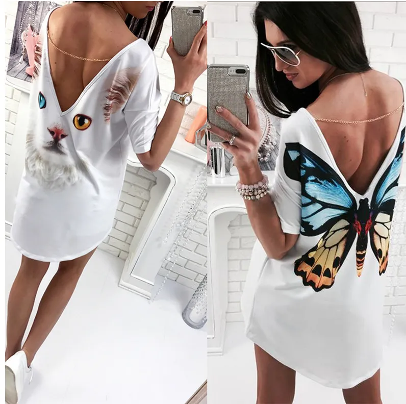 2017 American Hot Womens Sexy Backless Butterfly Print Dresses Deeply V